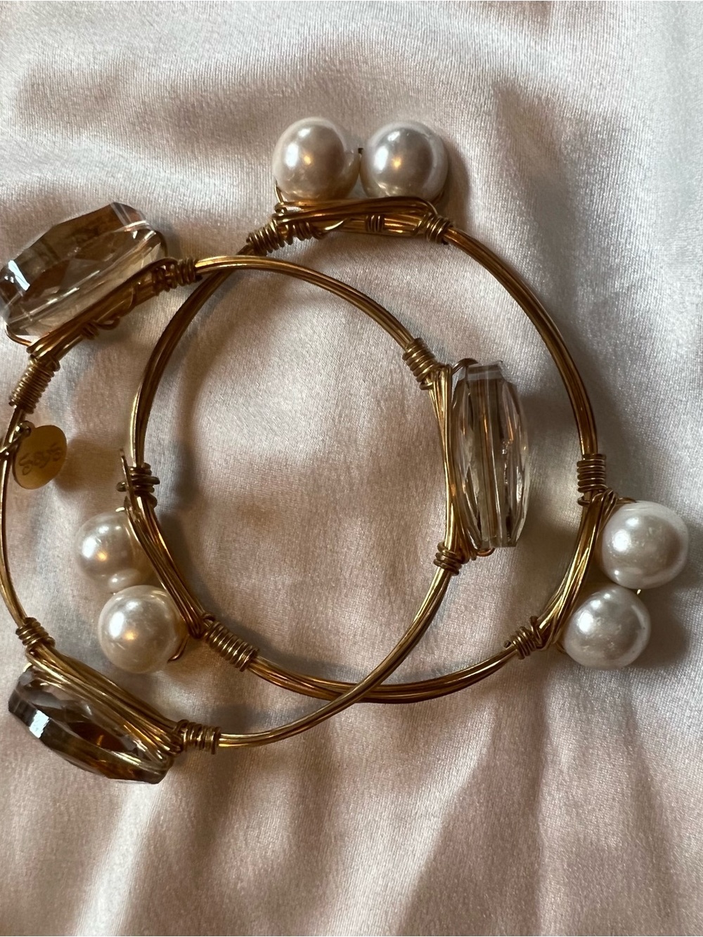 Gold Pearl & Crystal Wire-Wrapped Bangle Bracelet - Women Jewelry
